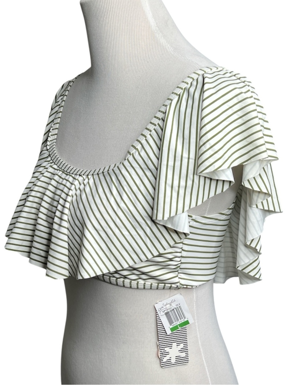 NEW Bikini Top Bandeau LG Ruffle Off Shoulder Green Striped Crop Top Padded